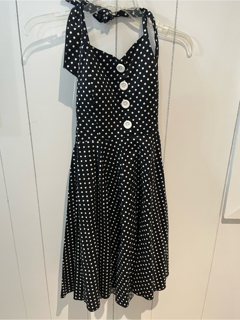 Sara Black Polka Dot Mini Dress with White Buttons